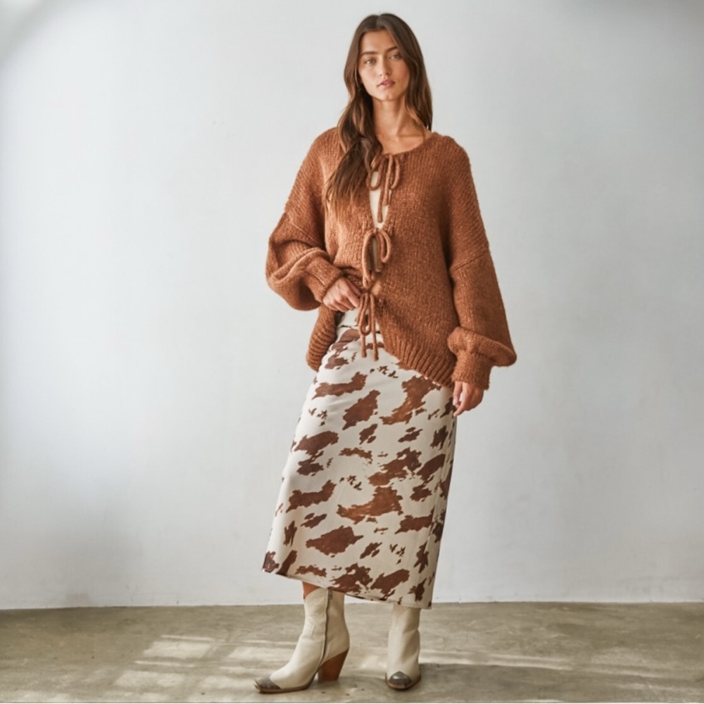 Chic Satin Brown and White Cow Print Midi Western Skirt - Picture 1 of 5